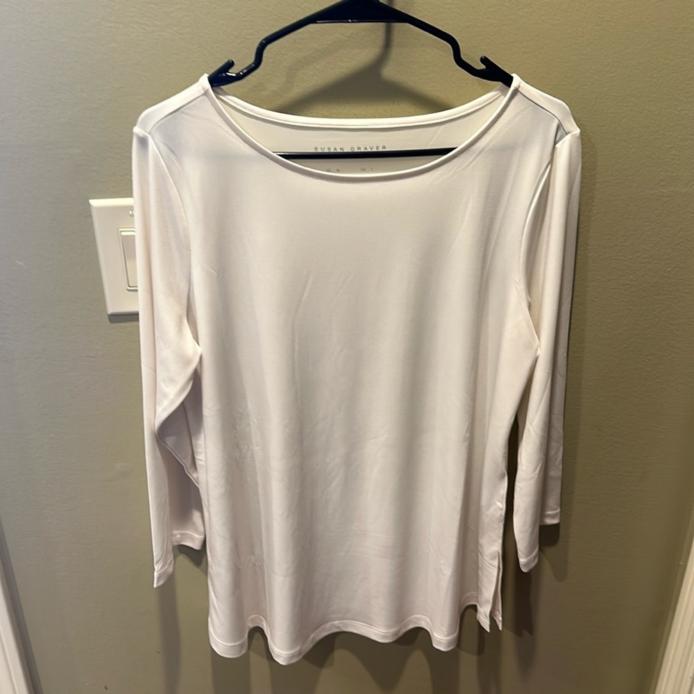 EUC Susan Graver Sz M Ivory Cream Beige Stretch Jersey Top long 3/4 sleeves